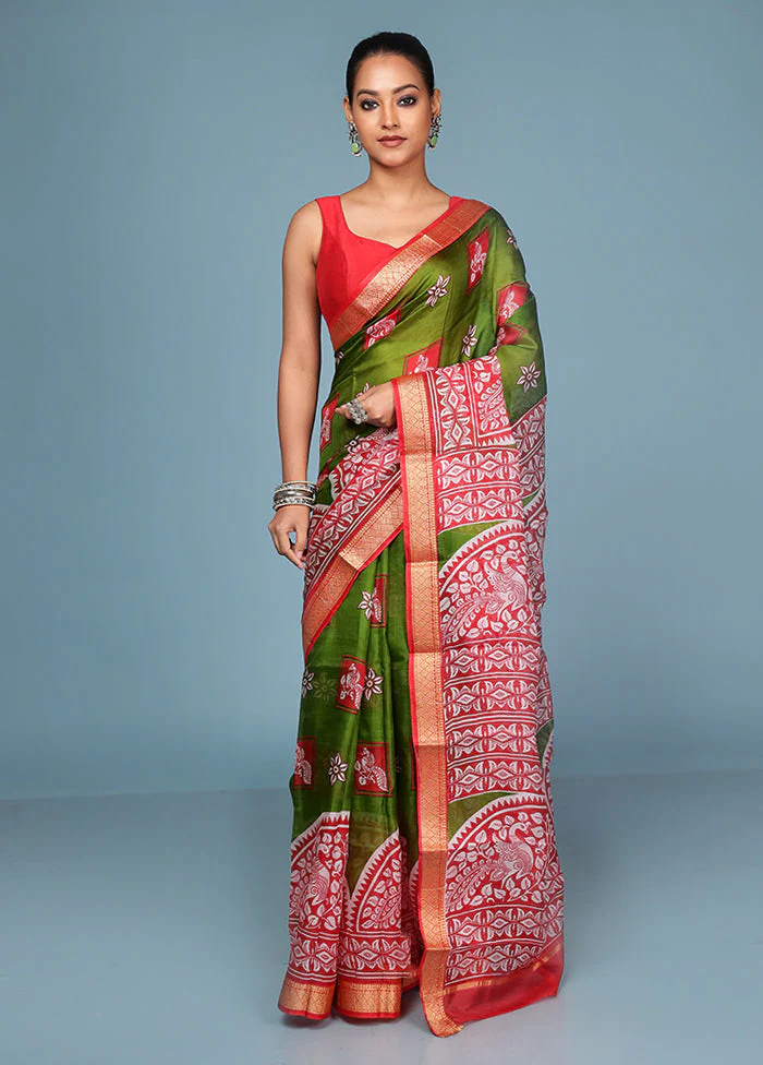 Green Printed Pure Silk Saree Without Blouse Piece - Image 2