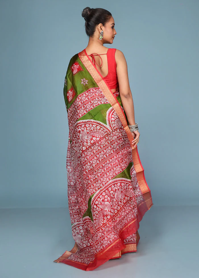 Green Printed Pure Silk Saree Without Blouse Piece - Image 3