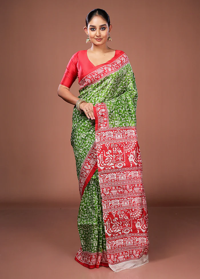 Green Printed Pure Silk Saree Without Blouse Piece - Image 2