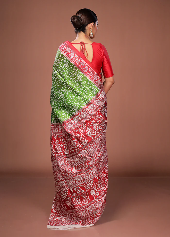 Green Printed Pure Silk Saree Without Blouse Piece - Image 3
