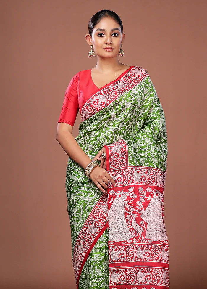 Green Printed Pure Silk Saree Without Blouse Piece
