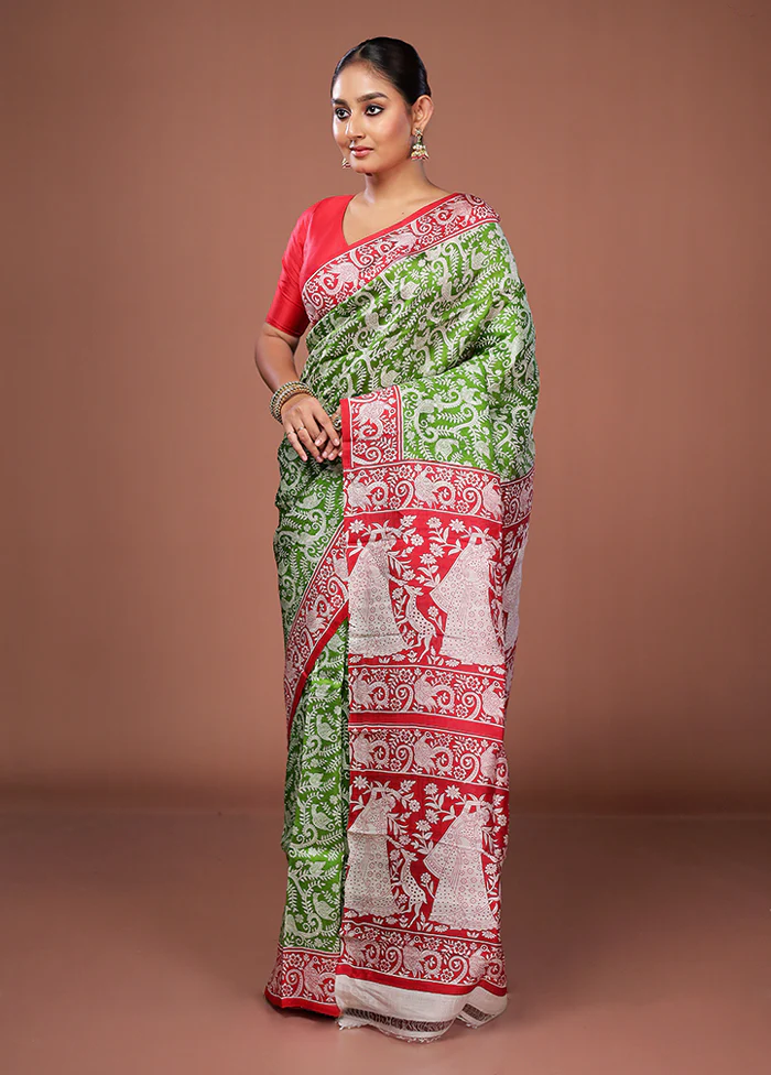 Green Printed Pure Silk Saree Without Blouse Piece - Image 4