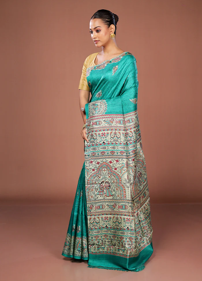 Green Printed Pure Silk Saree Without Blouse Piece - Image 4