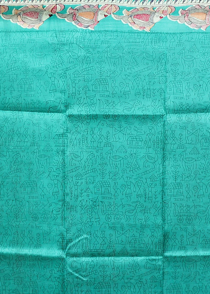 Green Printed Pure Silk Saree Without Blouse Piece - Image 5