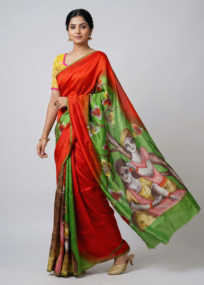 Green Printed Pure Silk Saree Without Blouse Piece
