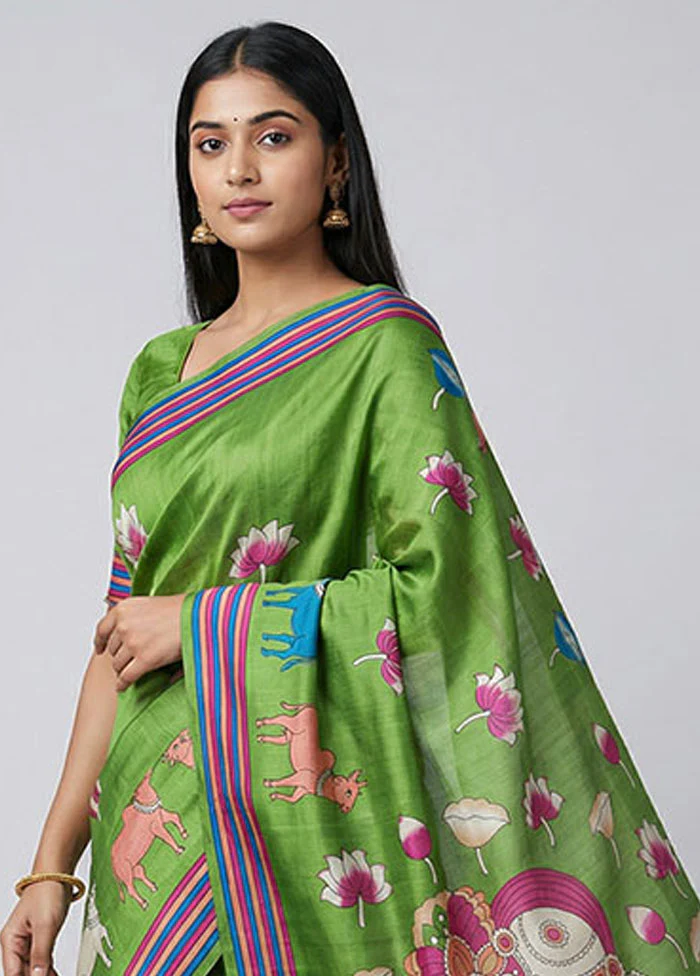 Green Printed Silk Saree Without Blouse Piece - Image 2