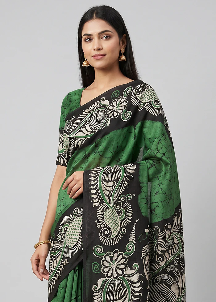 Green Printed Silk Saree Without Blouse Piece - Image 2