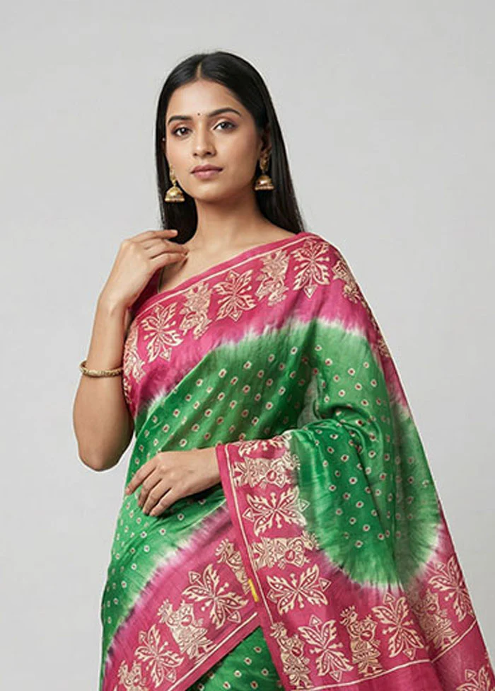 Green Printed Silk Saree Without Blouse Piece - Image 2