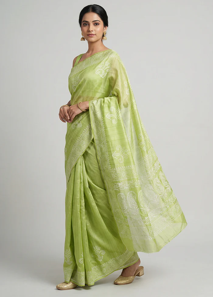 Green Printed Silk Saree Without Blouse Piece