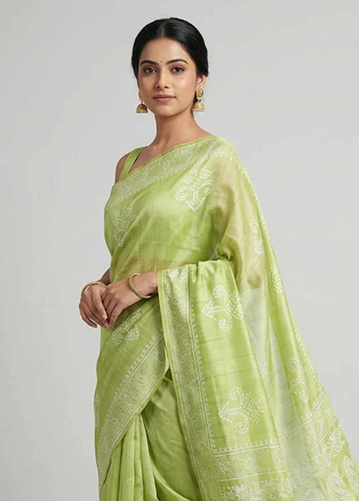 Green Printed Silk Saree Without Blouse Piece - Image 2