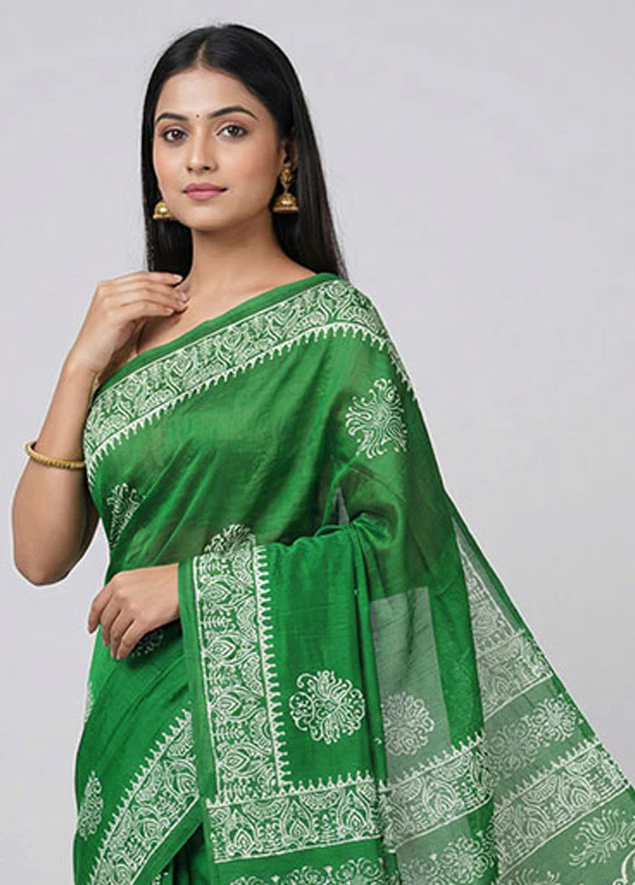 Green Printed Silk Saree Without Blouse Piece - Image 2