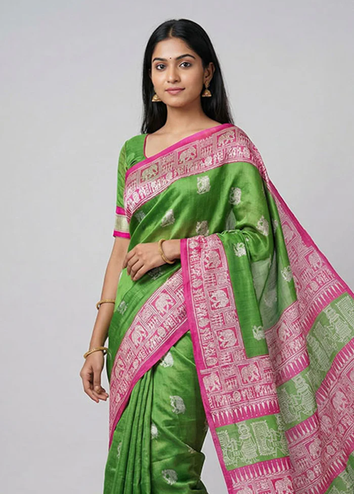 Green Printed Silk Saree Without Blouse Piece - Image 2