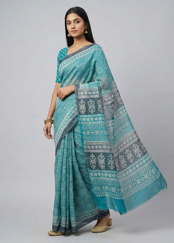 Green Printed Silk Saree Without Blouse Piece
