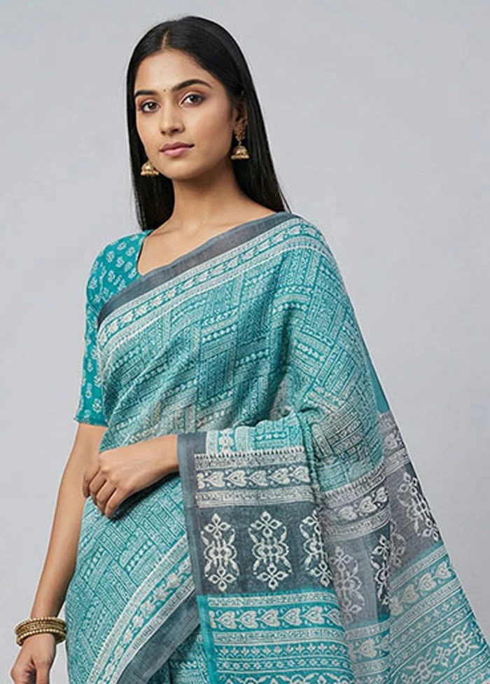 Green Printed Silk Saree Without Blouse Piece - Image 2