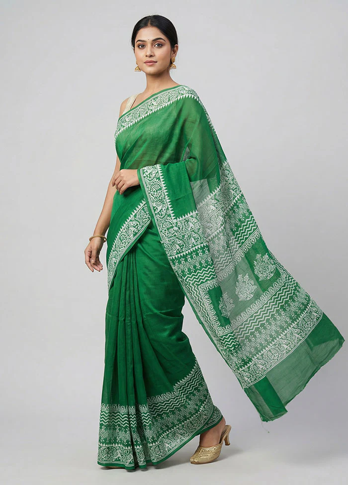 Green Printed Pure Silk Saree Without Blouse Piece