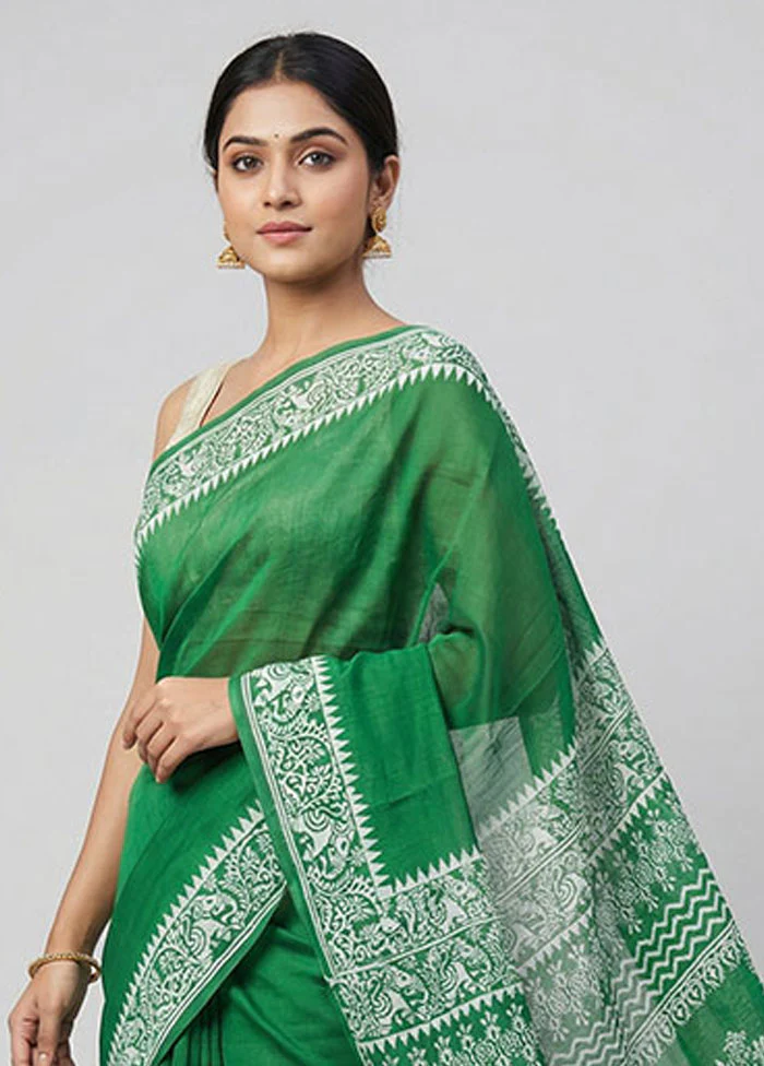 Green Printed Pure Silk Saree Without Blouse Piece - Image 2