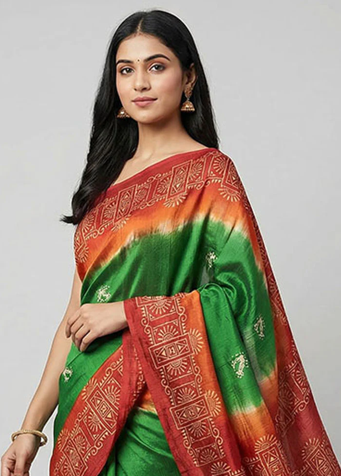 Green Printed Silk Saree Without Blouse Piece - Image 2
