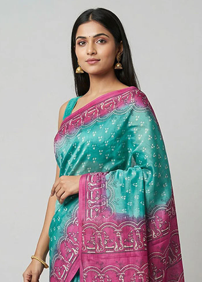 Green Printed Silk Saree Without Blouse Piece - Image 2