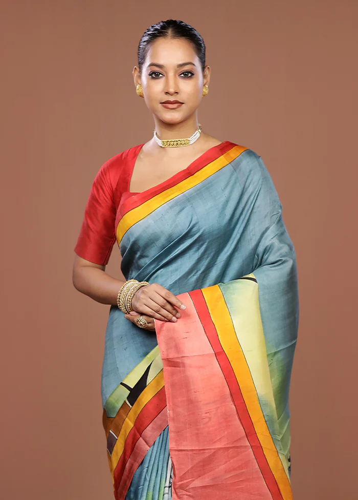 Blue Printed Silk Saree Without Blouse Piece