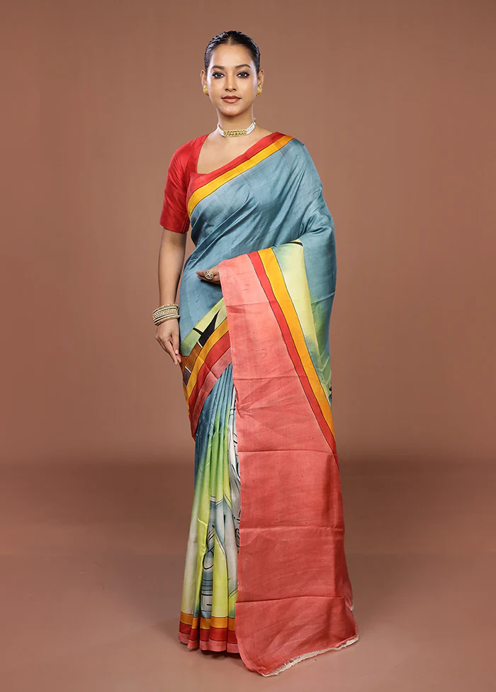 Blue Printed Silk Saree Without Blouse Piece - Image 2