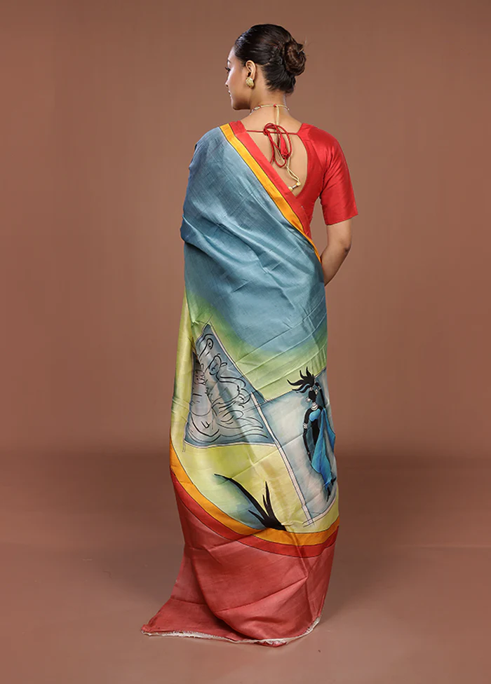 Blue Printed Silk Saree Without Blouse Piece - Image 3