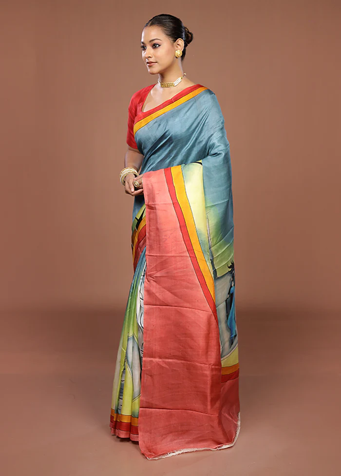 Blue Printed Silk Saree Without Blouse Piece - Image 4