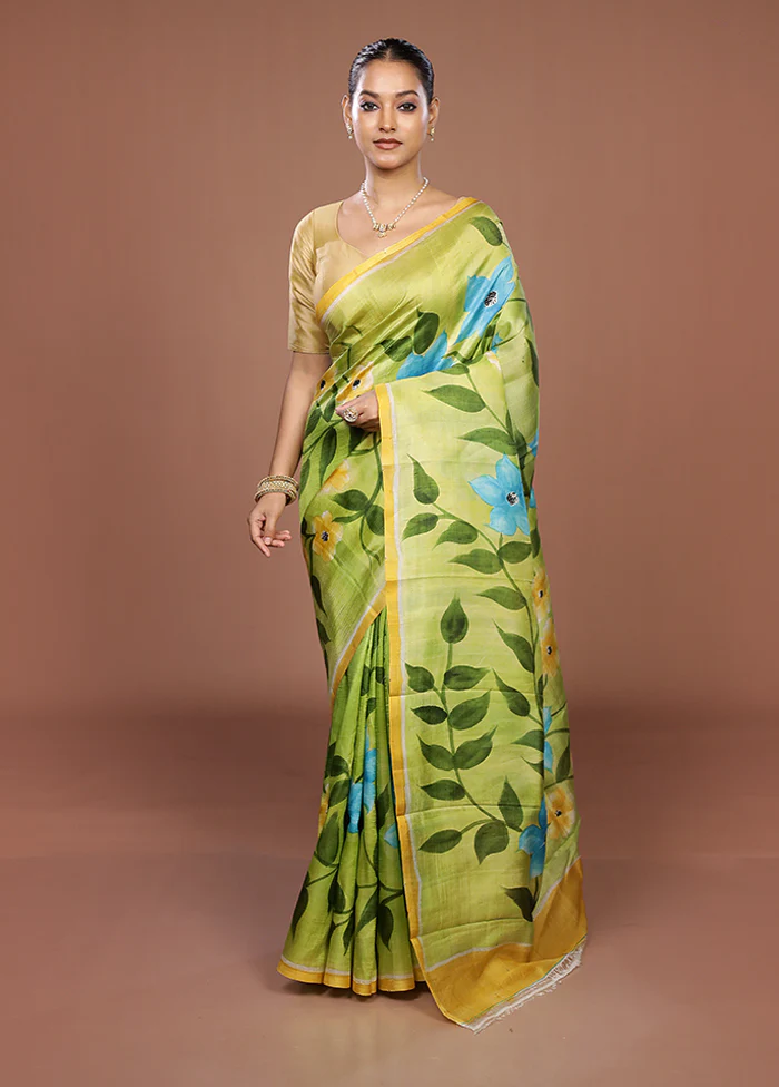 Green Printed Silk Saree Without Blouse Piece - Image 2