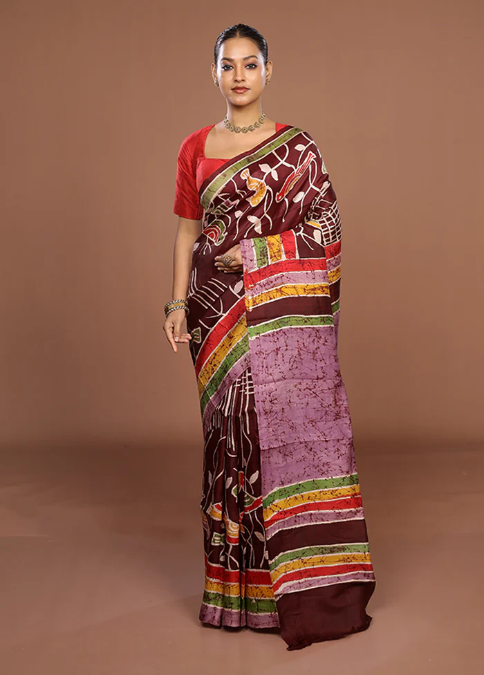 Maroon Printed Silk Saree Without Blouse Piece - Image 2