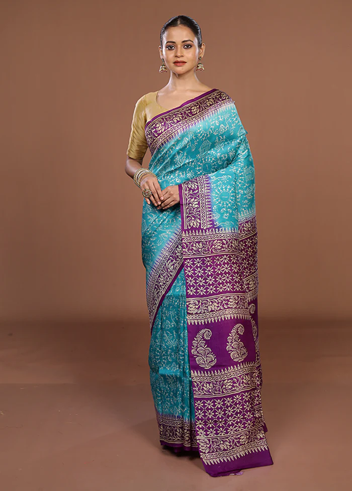 Blue Printed Pure Silk Saree Without Blouse Piece - Image 2