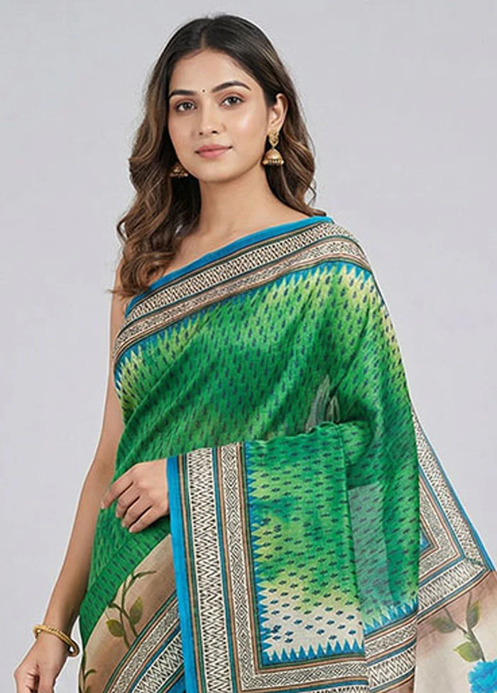 Green Printed Silk Saree Without Blouse Piece - Image 2