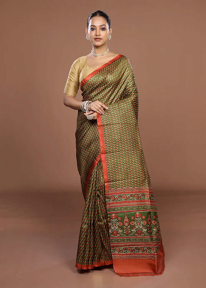 Green Printed Pure Silk Saree Without Blouse Piece - Image 2