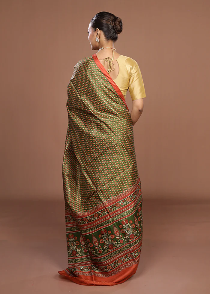 Green Printed Pure Silk Saree Without Blouse Piece - Image 3