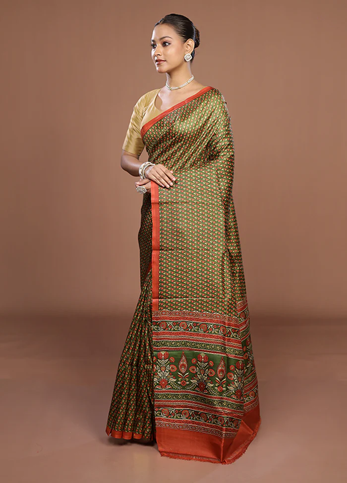 Green Printed Pure Silk Saree Without Blouse Piece - Image 4
