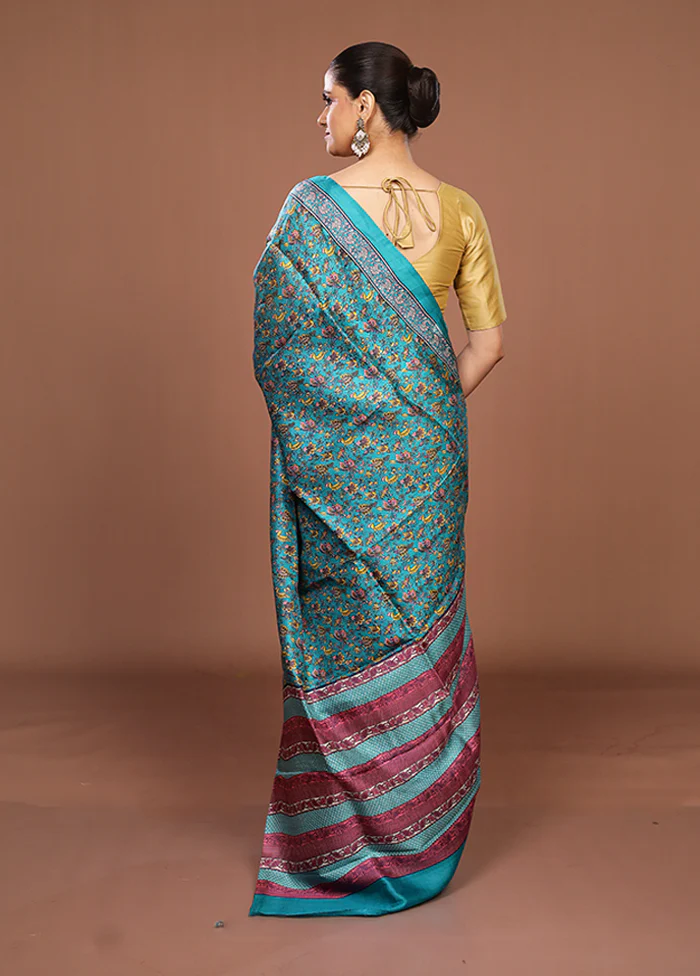 Green Printed Silk Saree Without Blouse Piece - Image 3
