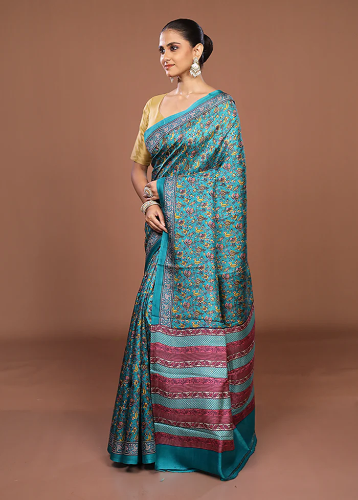 Green Printed Silk Saree Without Blouse Piece - Image 4