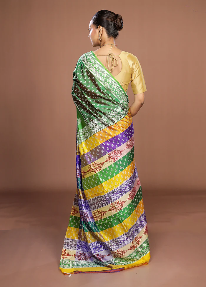 Green Pure Bishnupuri Silk Saree With Blouse Piece - Image 3