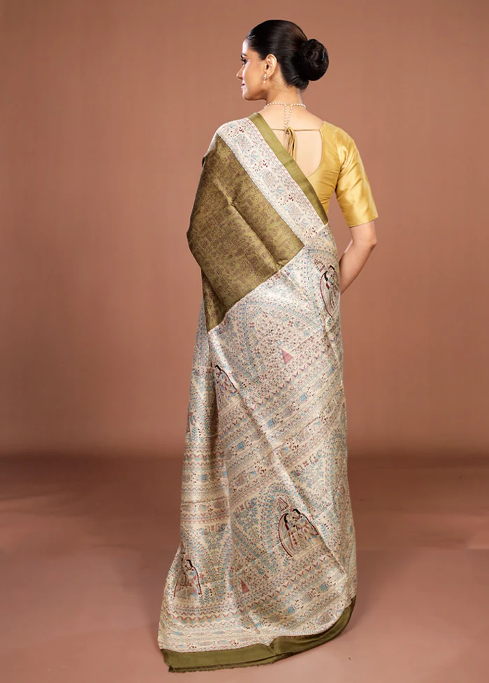 Green Printed Silk Saree Without Blouse Piece - Image 3