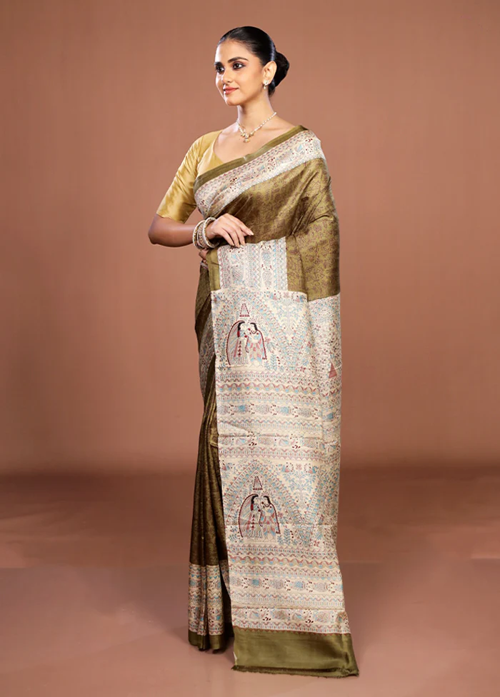 Green Printed Silk Saree Without Blouse Piece - Image 4