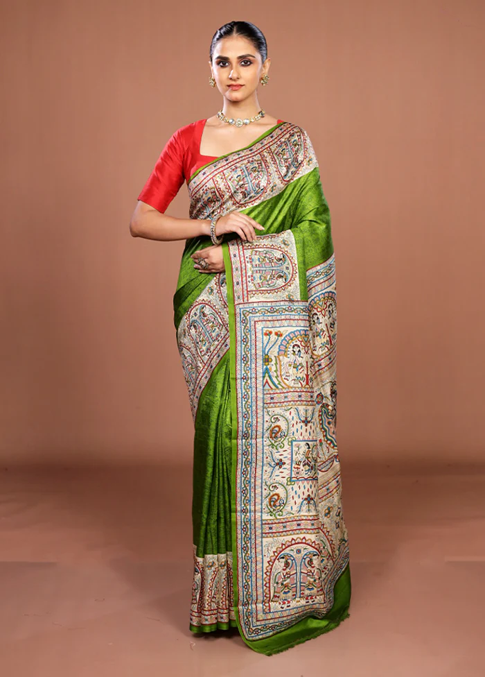 Green Printed Silk Saree Without Blouse Piece - Image 2