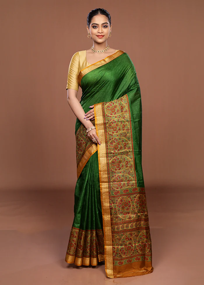Green Printed Pure Silk Saree Without Blouse Piece - Image 2