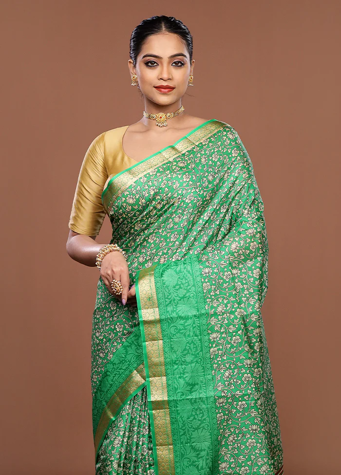 Green Printed Silk Saree Without Blouse Piece