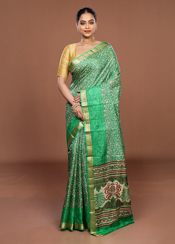 Green Printed Silk Saree Without Blouse Piece - Image 2