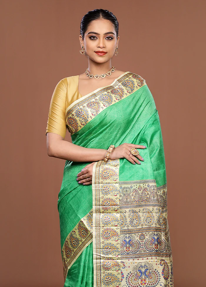 Green Printed Silk Saree Without Blouse Piece