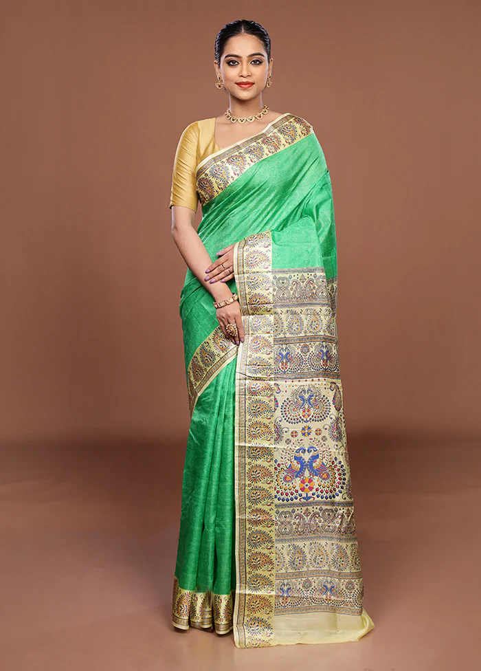 Green Printed Silk Saree Without Blouse Piece - Image 2