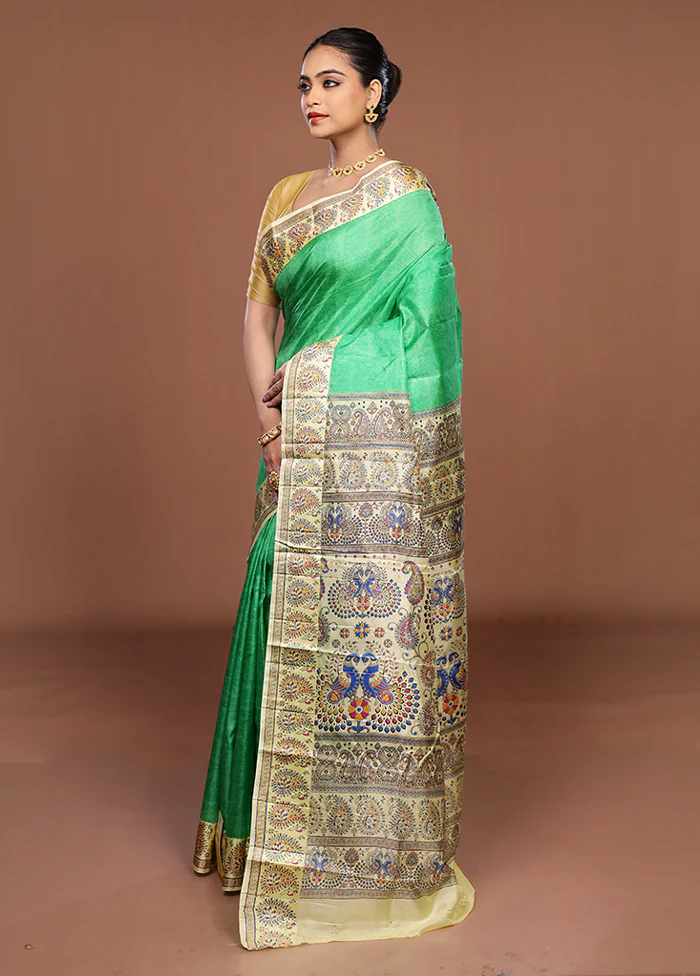 Green Printed Silk Saree Without Blouse Piece - Image 3