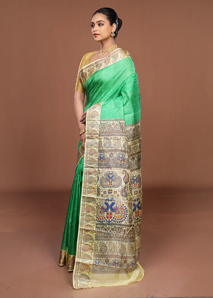 Green Printed Silk Saree Without Blouse Piece - Image 4