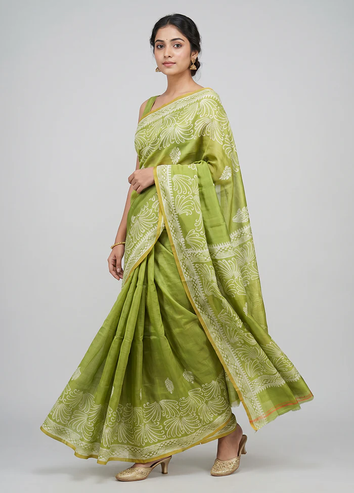 Green Printed Silk Saree Without Blouse Piece
