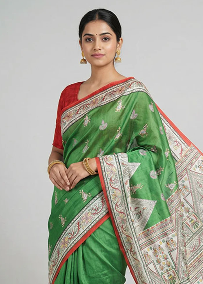 Green Printed Silk Saree Without Blouse Piece - Image 2