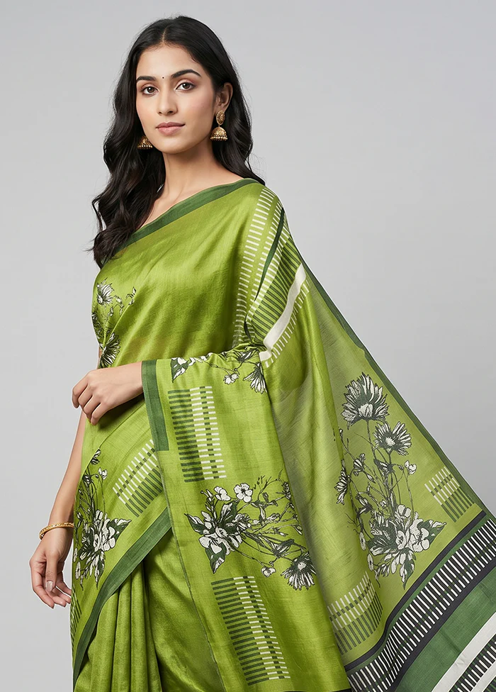 Green Printed Silk Saree Without Blouse Piece - Image 2