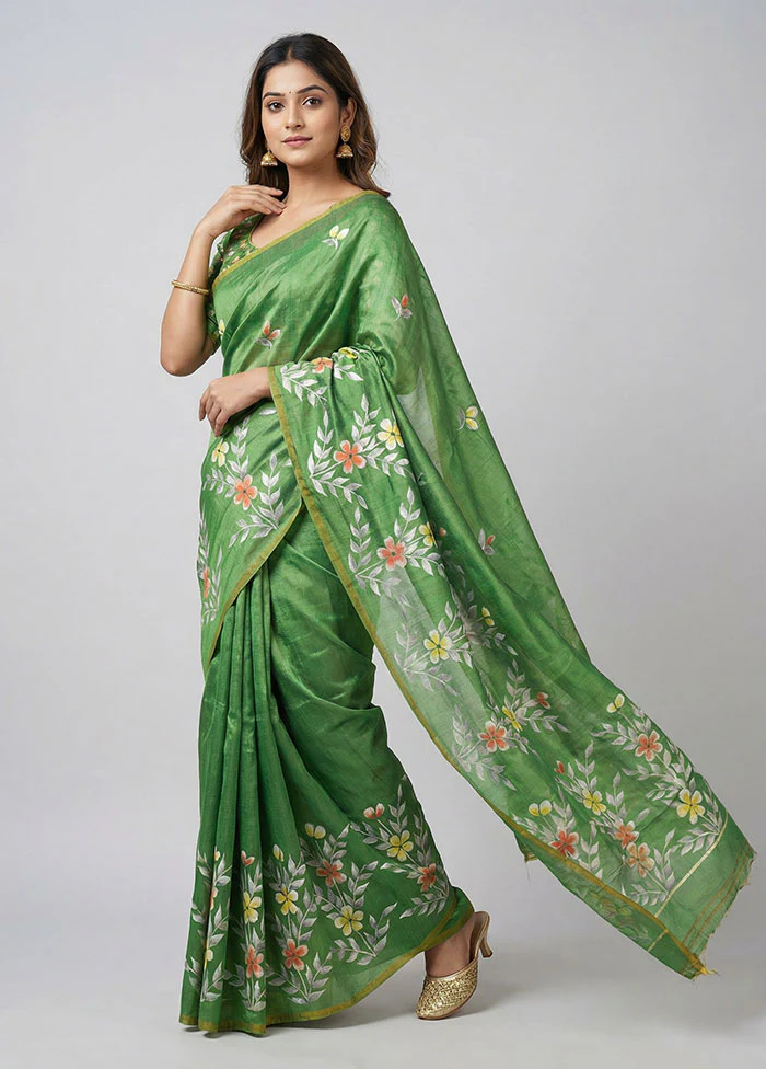 Green Printed Silk Saree Without Blouse Piece